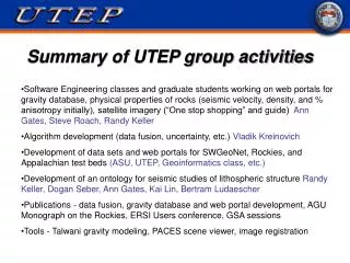 Summary of UTEP group activities