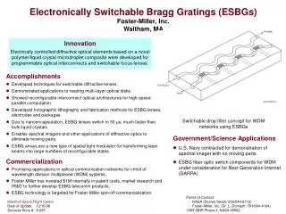 Electronically Switchable Bragg Gratings (ESBGs) Foster-Miller, Inc. Waltham, MA