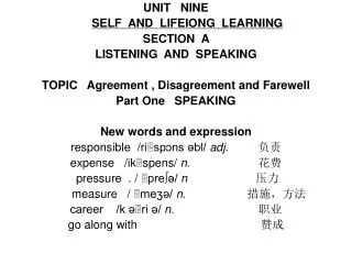 UNIT NINE SELF AND LIFEIONG LEARNING SECTION A LISTENING AND SPEAKING