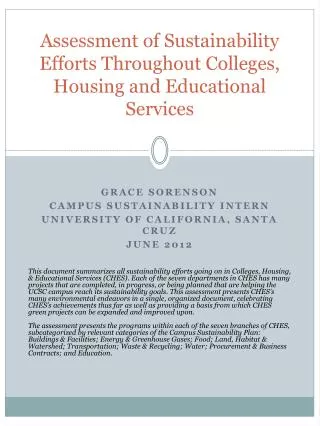 Assessment of Sustainability Efforts Throughout Colleges, Housing and Educational Services