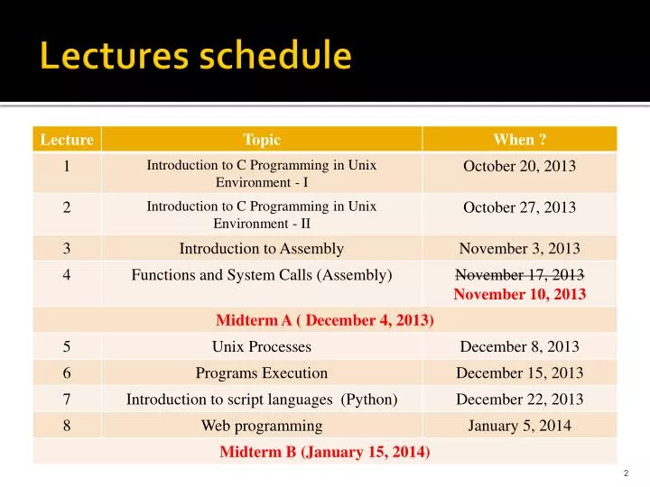 lectures schedule