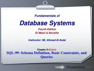 Fundamentals of Database Systems Fourth Edition El Masri &amp; Navathe Instructor: Mr. Ahmed Al Astal