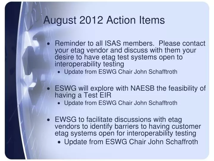 august 2012 action items