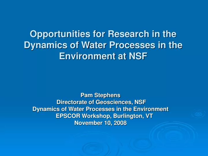 opportunities for research in the dynamics of water processes in the environment at nsf