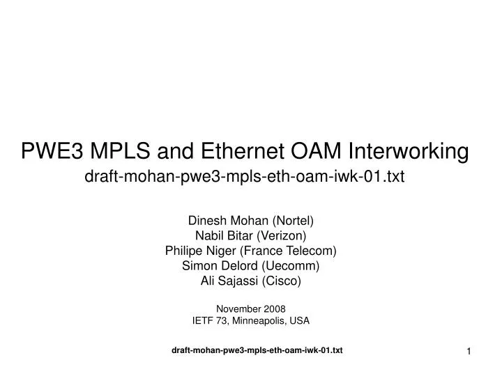 pwe3 mpls and ethernet oam interworking draft mohan pwe3 mpls eth oam iwk 01 txt