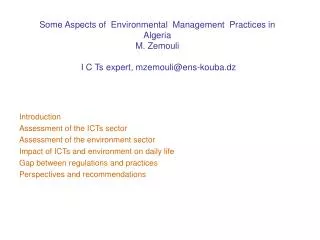 Introduction Assessment of the ICTs sector Assessment of the environment sector