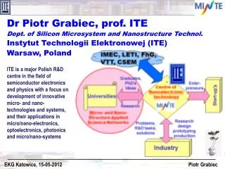 Dr Piotr Grabiec, prof. ITE Dept. of Silicon Mi crosystem and Nanostructure Technol.