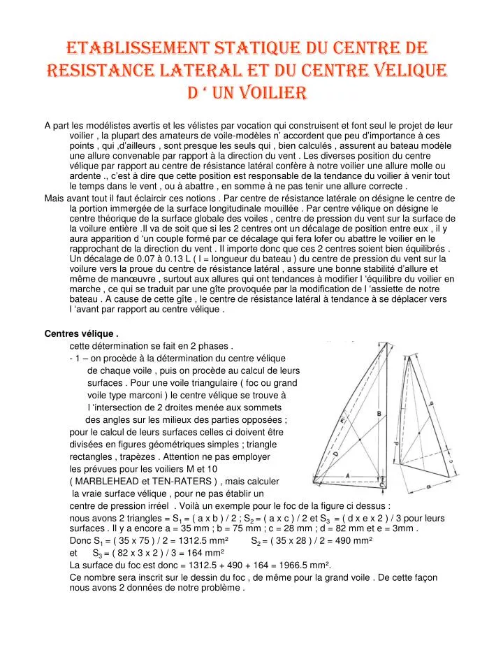 etablissement statique du centre de resistance lateral et du centre velique d un voilier