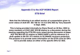 Appendix O to the ACP WGM/8 Report ETSI Brief