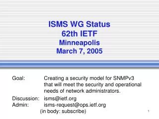 ISMS WG Status 62th IETF Minneapolis March 7, 2005