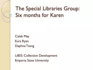 The Special Libraries Group: Six months for Karen