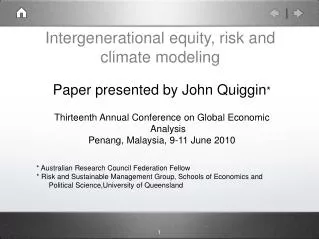 Intergenerational equity, risk and climate modeling