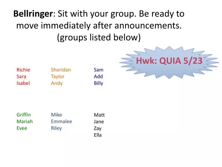 bellringer sit with your group be ready to move immediately after announcements groups listed below