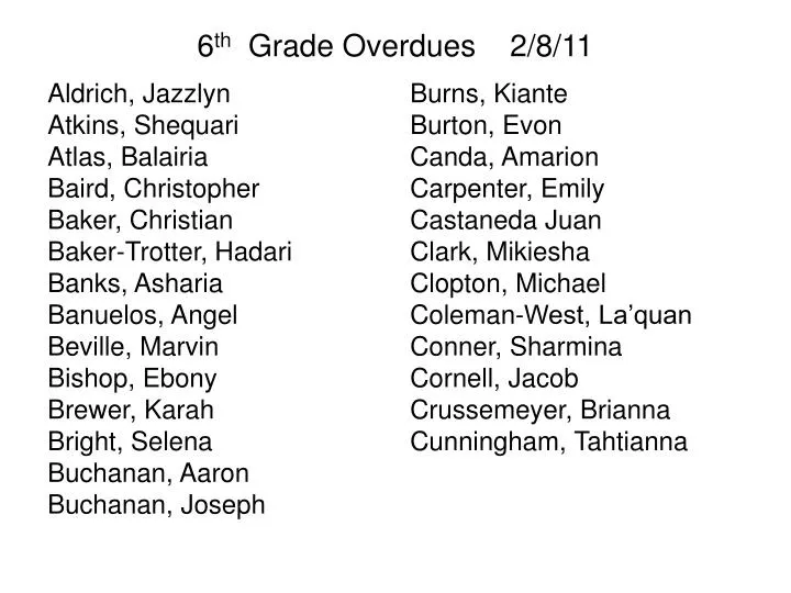 6 th grade overdues 2 8 11