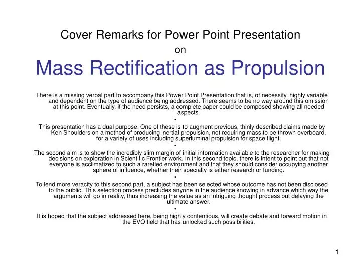 cover remarks for power point presentation on mass rectification as propulsion