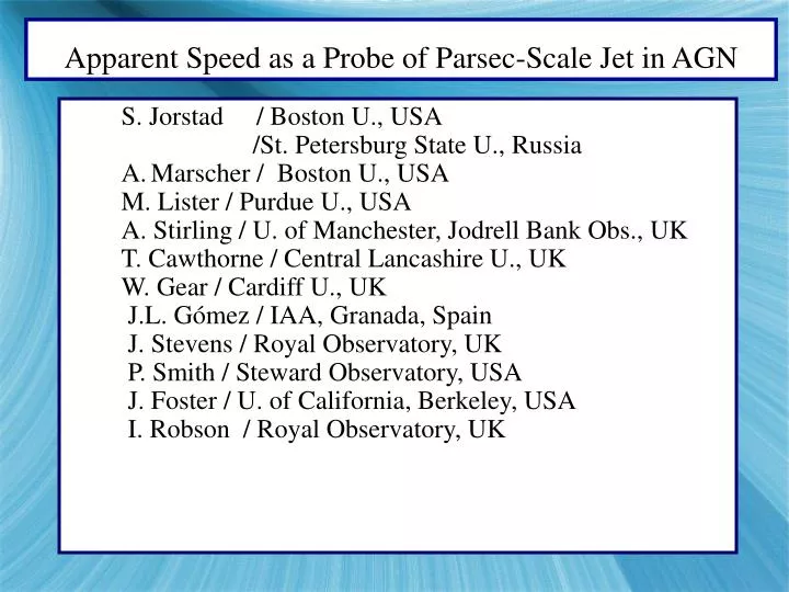 apparent speed as a probe of parsec scale jet in agn