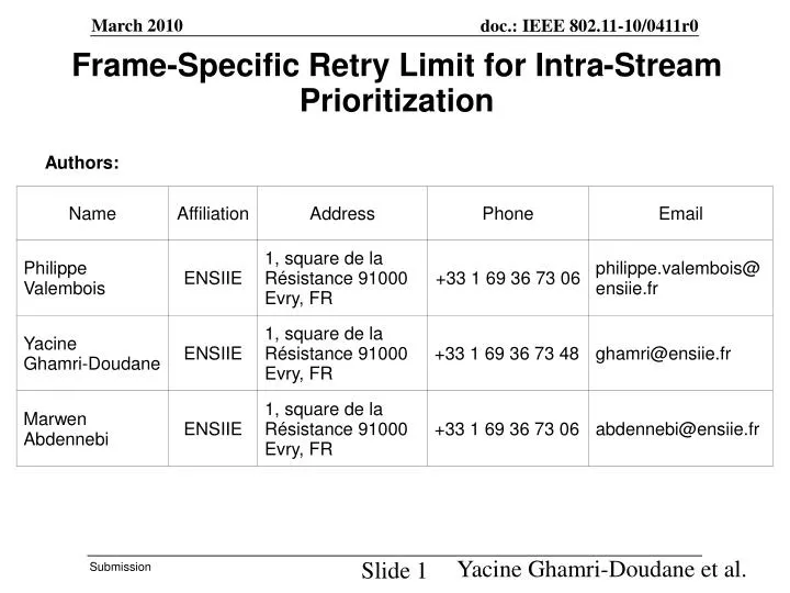 frame specific retry limit for intra stream prioritization