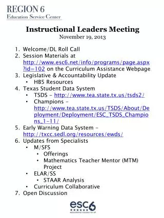 Instructional Leaders Meeting November 19, 2013