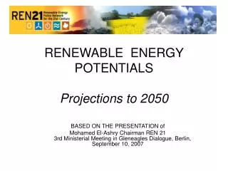 RENEWABLE ENERGY POTENTIALS Projections to 2050