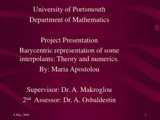 University of Portsmouth Department of Mathematics Project Presentation