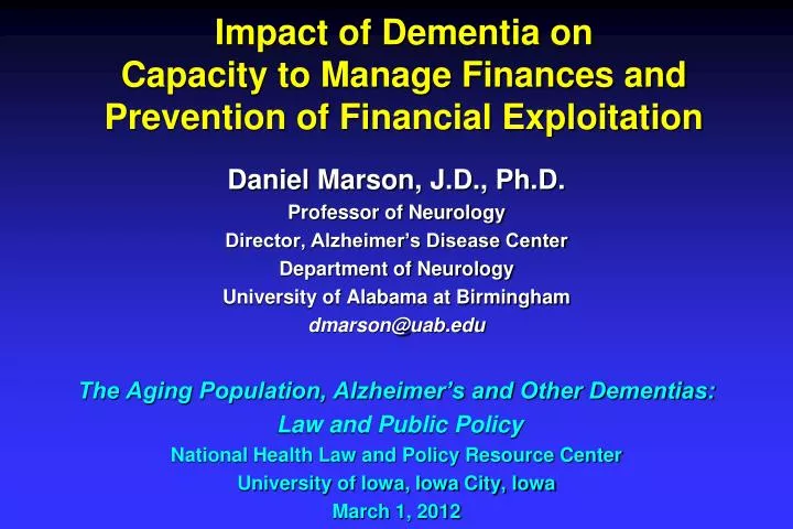 impact of dementia on capacity to manage finances and prevention of financial exploitation
