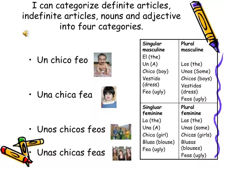 i can categorize definite articles indefinite articles nouns and adjective into four categories