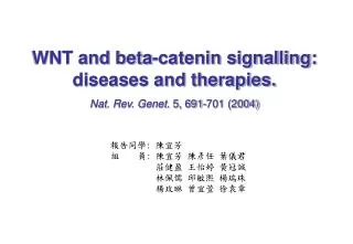 WNT and beta-catenin signalling: diseases and therapies. Nat. Rev. Genet. 5, 691-701 (2004)