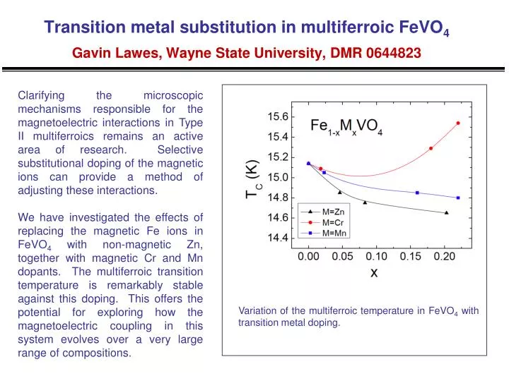 transition metal substitution in multiferroic fevo 4 gavin lawes wayne state university dmr 0644823