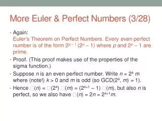 More Euler &amp; Perfect Numbers (3/28)