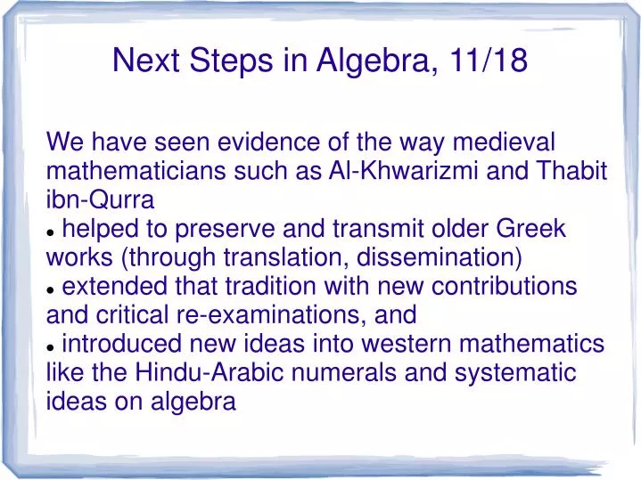 next steps in algebra 11 18