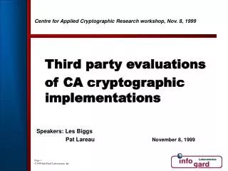 Centre for Applied Cryptographic Research workshop, Nov. 8, 1999
