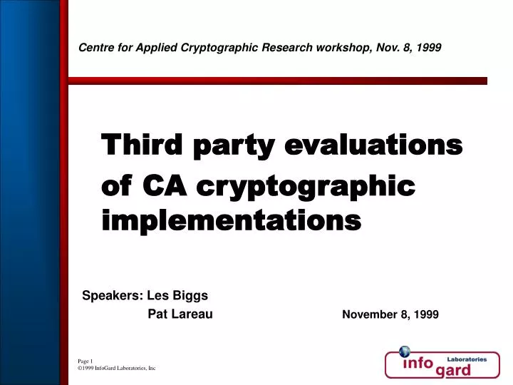 centre for applied cryptographic research workshop nov 8 1999