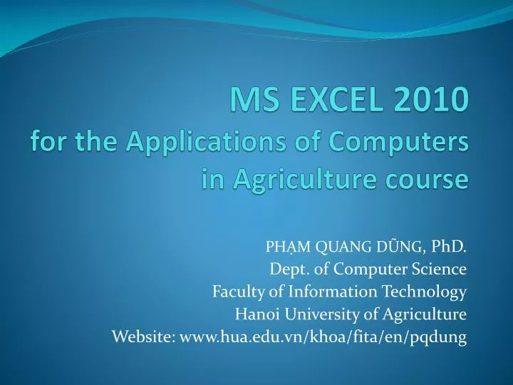 ms excel 2010 for the applications of computers in agriculture course
