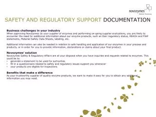 SAFETY AND REGULATORY SUPPORT DOCUMENTATION