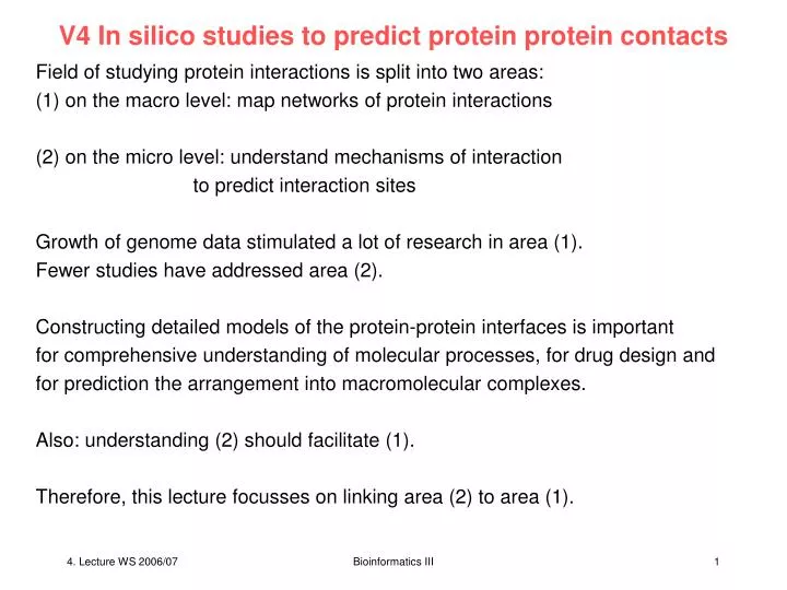 v4 in silico studies to predict protein protein contacts