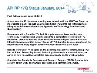 API RP 17Q Status January, 2014