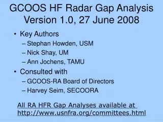 GCOOS HF Radar Gap Analysis Version 1.0, 27 June 2008