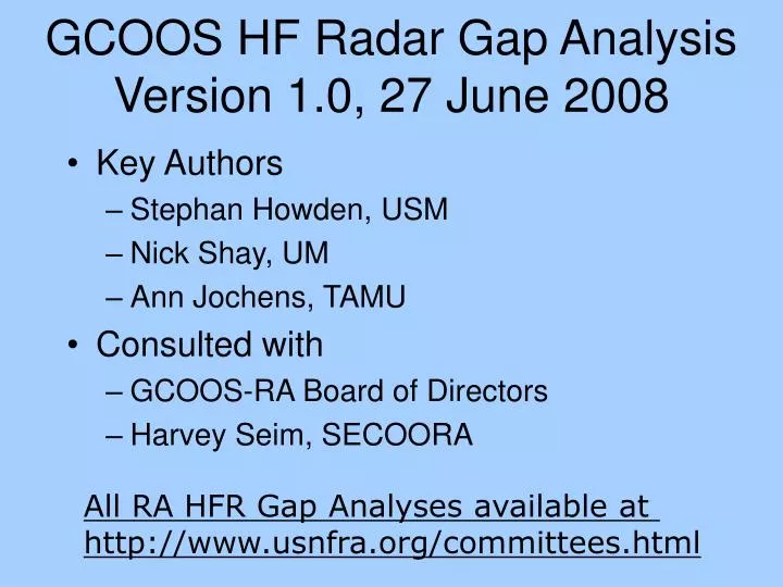 gcoos hf radar gap analysis version 1 0 27 june 2008