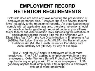 EMPLOYMENT RECORD RETENTION REQUIREMENTS