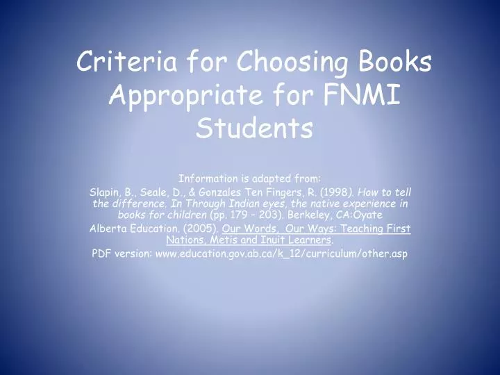 criteria for choosing books appropriate for fnmi students