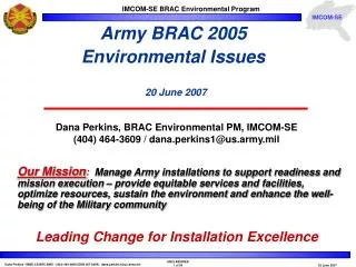 Army BRAC 2005 Environmental Issues 20 June 2007