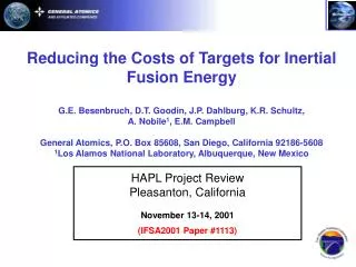 HAPL Project Review Pleasanton, California November 13-14, 2001 (IFSA2001 Paper #1113)