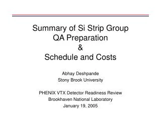 Summary of Si Strip Group QA Preparation &amp; Schedule and Costs