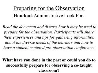 Preparing for the Observation Handout- Administrative Look Fors