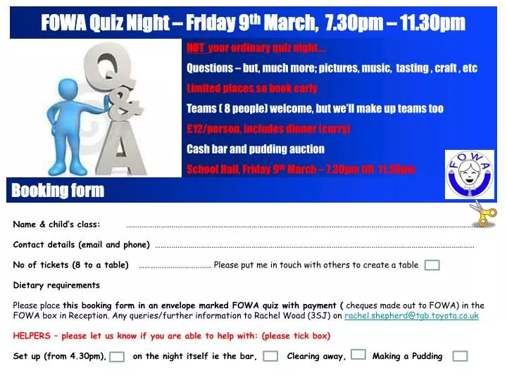 fowa quiz night friday 9 th march 7 30pm 11 30pm