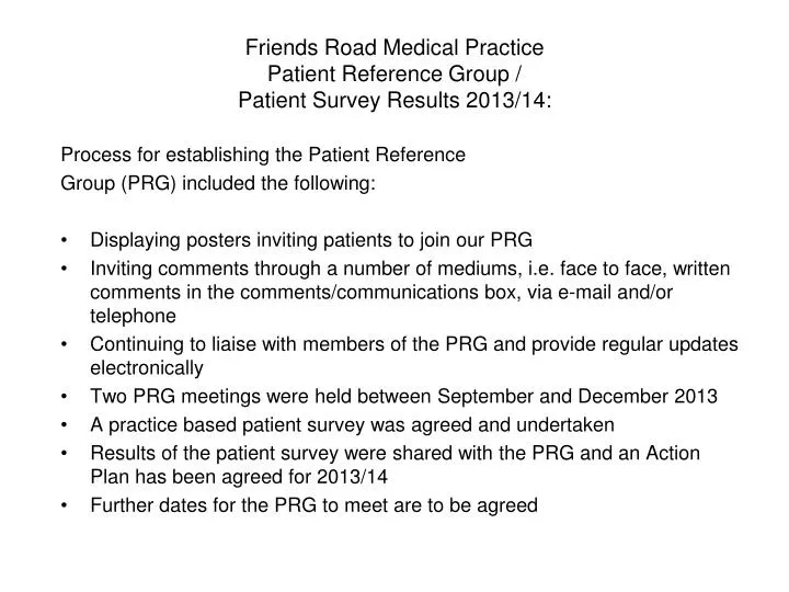 friends road medical practice patient reference group patient survey results 2013 14