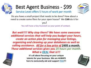 Best Agent Business - $99 Service Level offers 5 hours of work per month