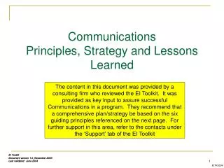 Communications Principles, Strategy and Lessons Learned