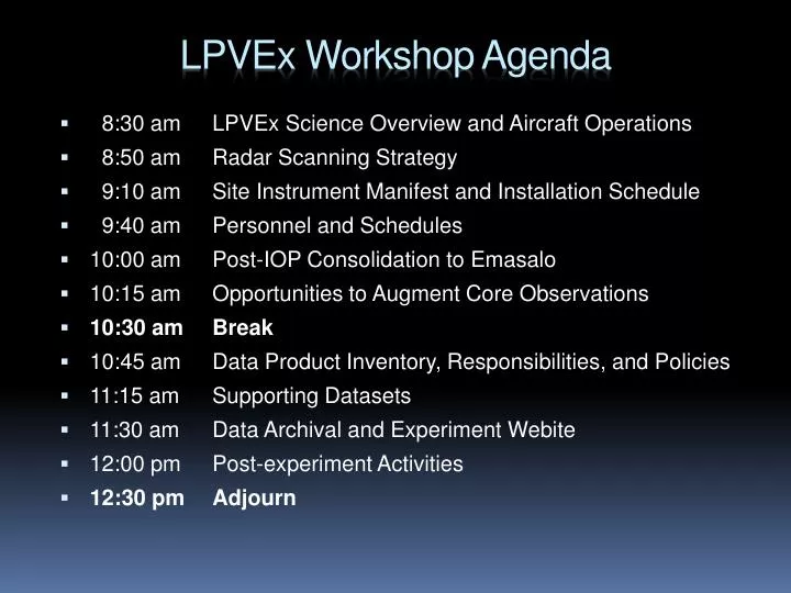 lpvex workshop agenda