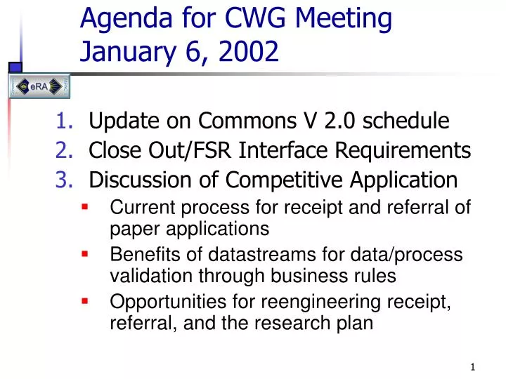 agenda for cwg meeting january 6 2002